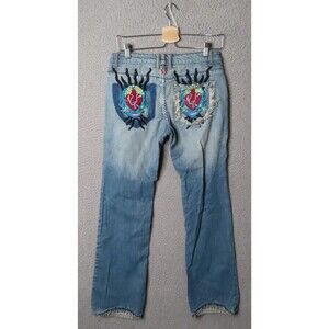 New London USA Jeans Womens 29‎ Denim Button Fly Embroidered Mid Rise Streetwear